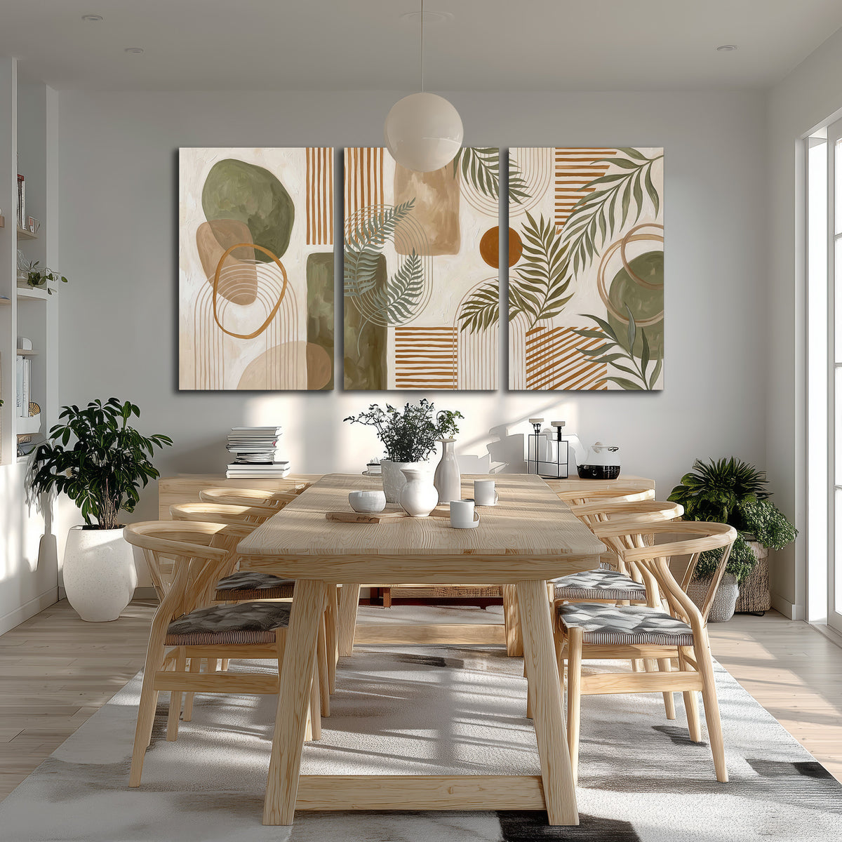 Green botanical leaves layered with ochre and cream geometric forms 3 piece canvas wall art room and product view