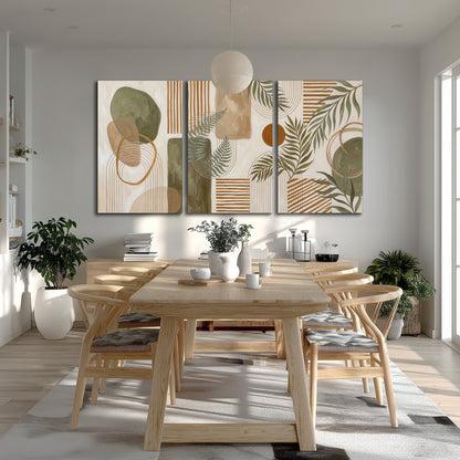 Green botanical leaves layered with ochre and cream geometric forms 3 piece canvas wall art room and product view