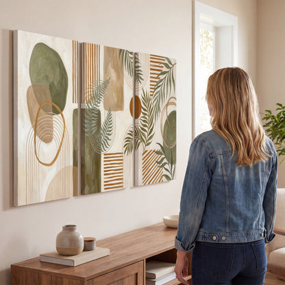 Green botanical leaves layered with ochre and cream geometric forms 3 piece canvas wall art three panel arrangement on a wall