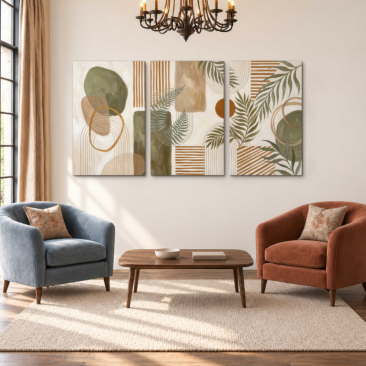 Green botanical leaves layered with ochre and cream geometric forms 3 piece canvas wall art styled in an interior