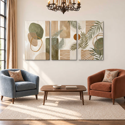 Green botanical leaves layered with ochre and cream geometric forms 3 piece canvas wall art styled in an interior