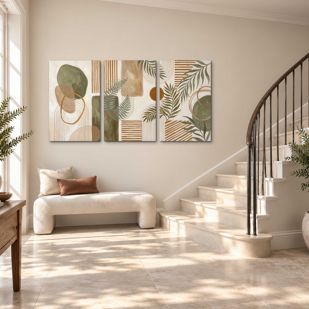 Green botanical leaves layered with ochre and cream geometric forms 3 piece canvas wall art styled in an interior