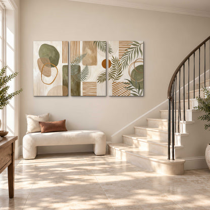 Green botanical leaves layered with ochre and cream geometric forms 3 piece canvas wall art styled in an interior