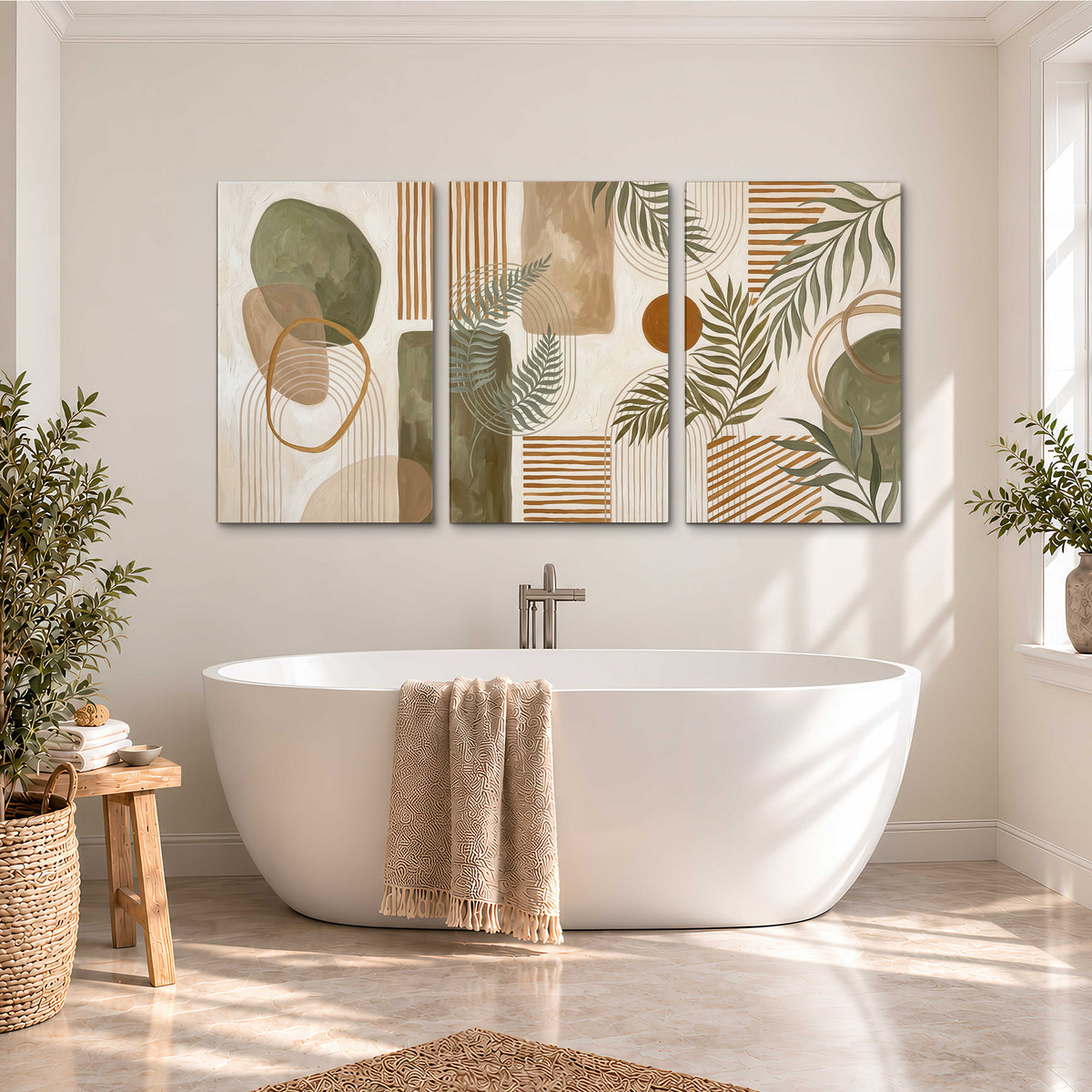 Green botanical leaves layered with ochre and cream geometric forms 3 piece canvas wall art styled in an interior
