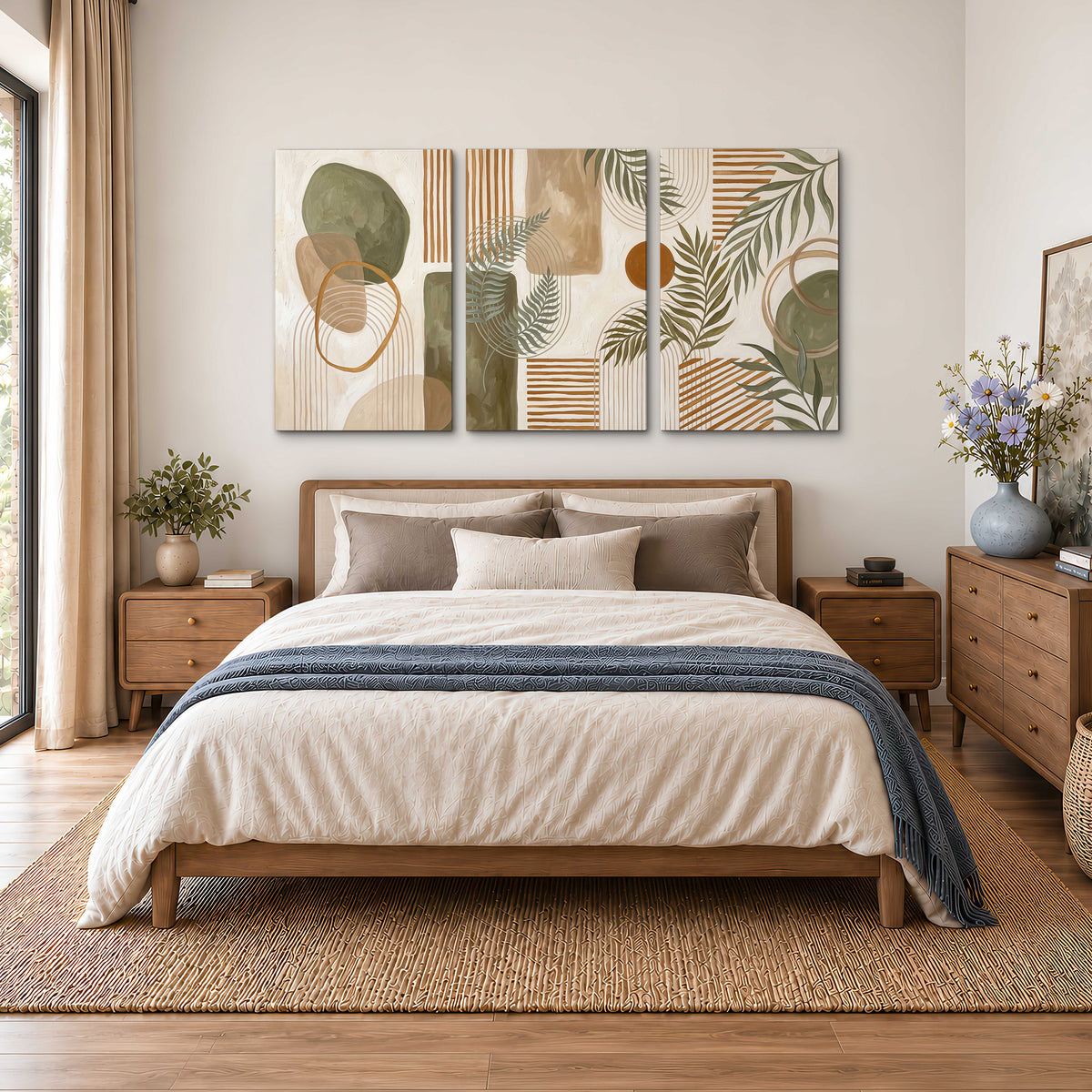 Green botanical leaves layered with ochre and cream geometric forms 3 piece canvas wall art styled in an interior
