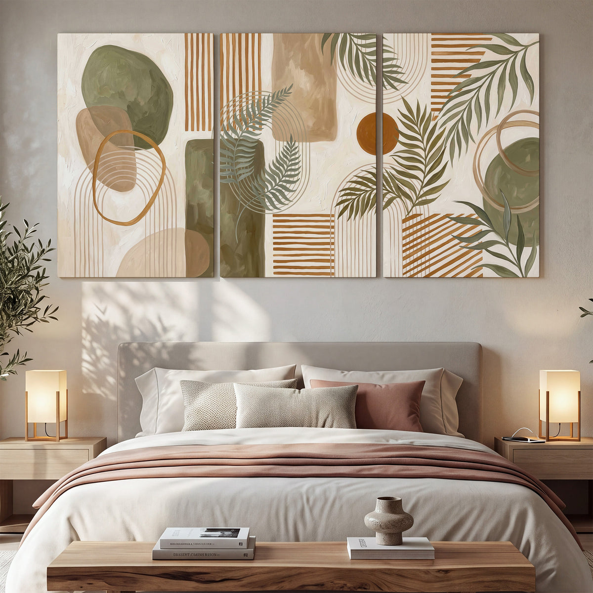 Green botanical leaves layered with ochre and cream geometric forms 3 piece canvas wall art displayed in a bedroom