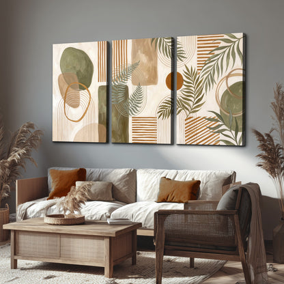 Green botanical leaves layered with ochre and cream geometric forms 3 piece canvas wall art displayed in a rustic living room