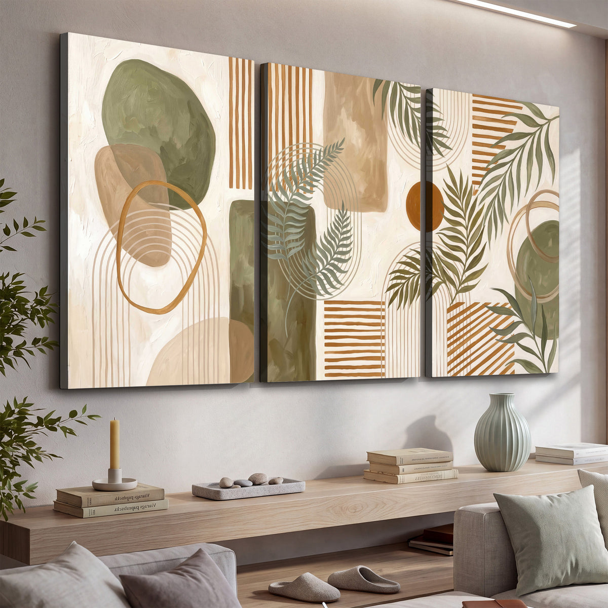 Green botanical leaves layered with ochre and cream geometric forms 3 piece canvas wall art displayed in a console
