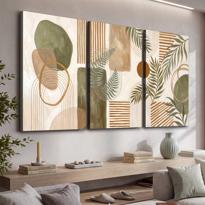 Green botanical leaves layered with ochre and cream geometric forms 3 piece canvas wall art displayed in a console