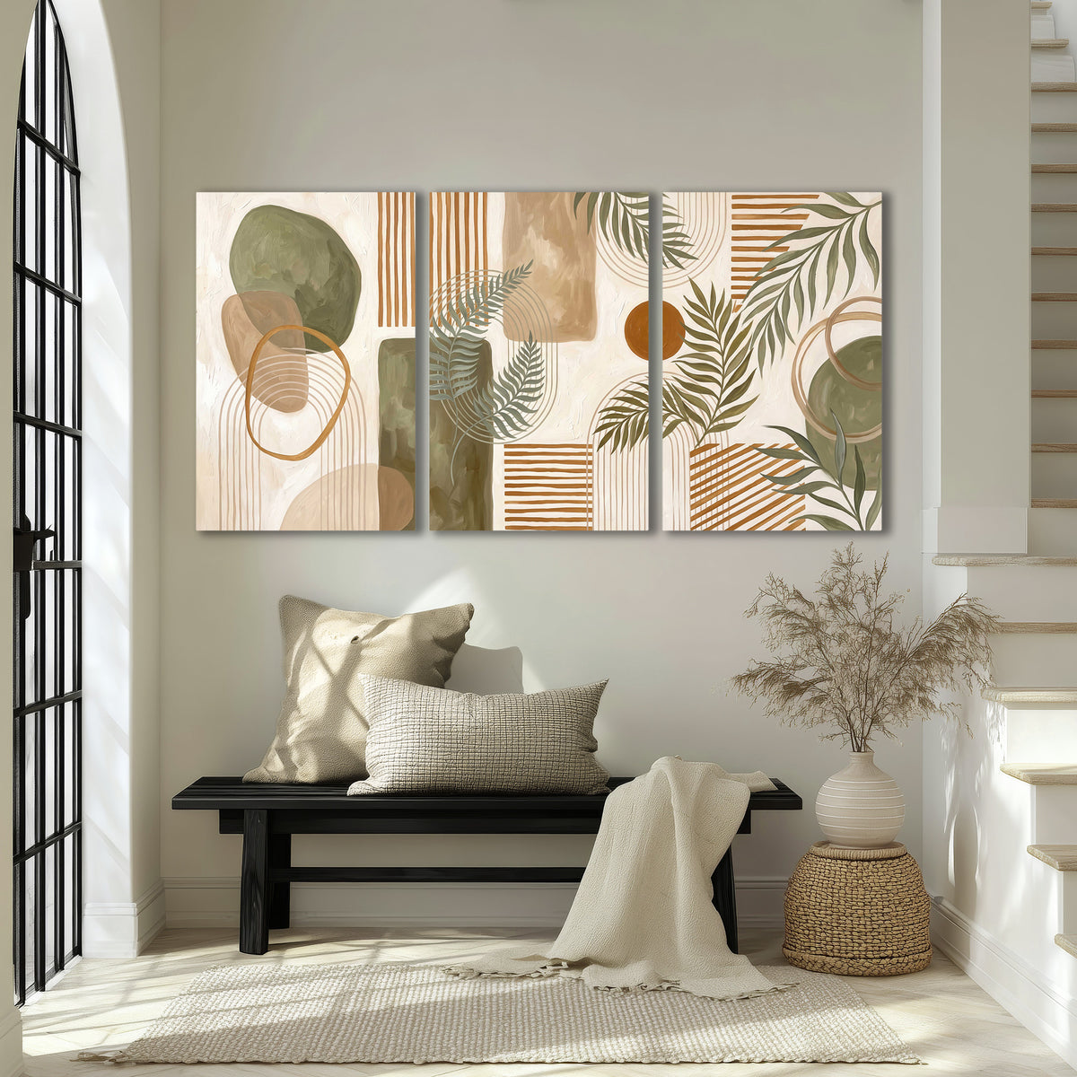 Green botanical leaves layered with ochre and cream geometric forms 3 piece canvas wall art displayed in a entryway