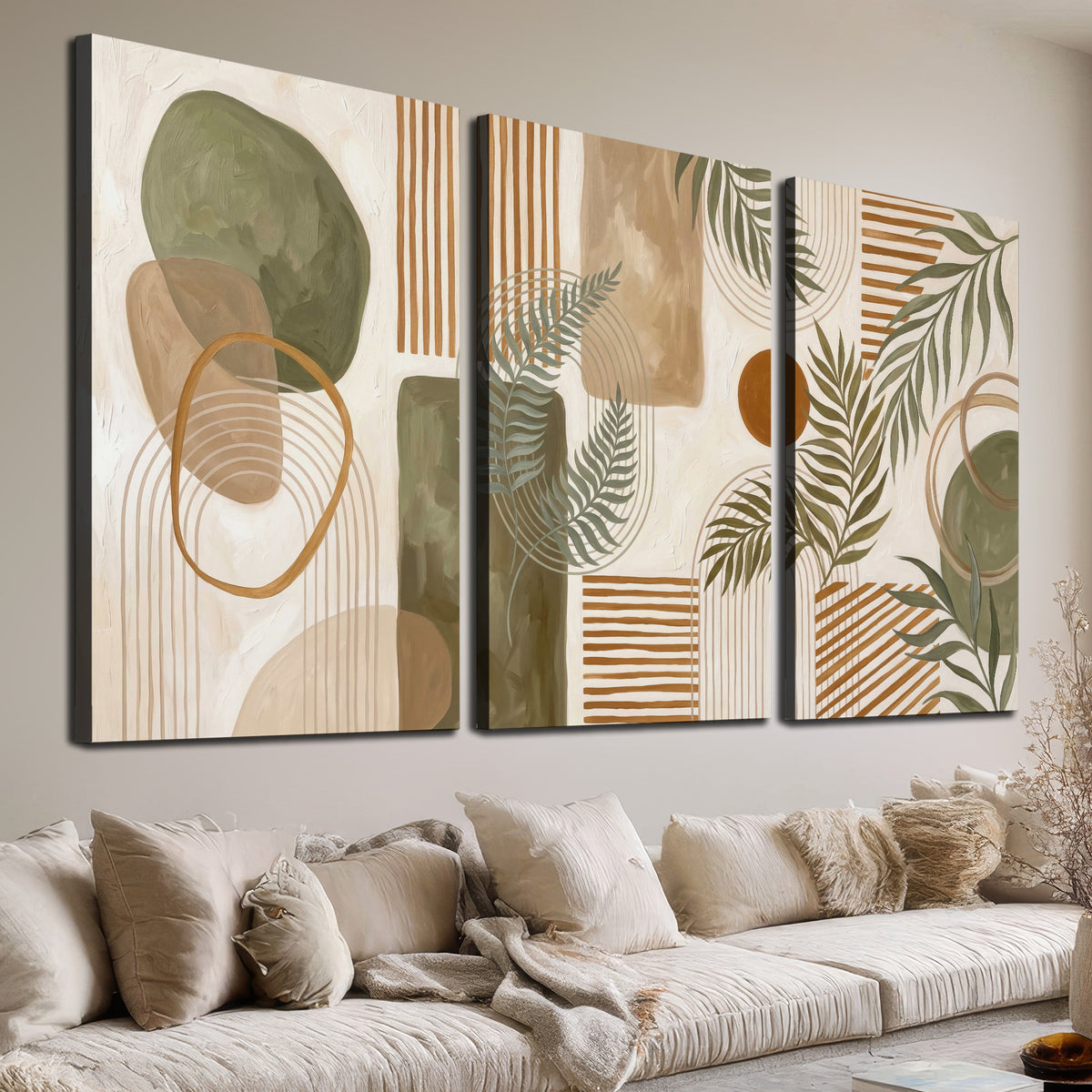 Green botanical leaves layered with ochre and cream geometric forms 3 piece canvas wall art room and product view
