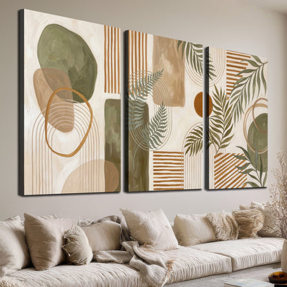 Green botanical leaves layered with ochre and cream geometric forms 3 piece canvas wall art room and product view