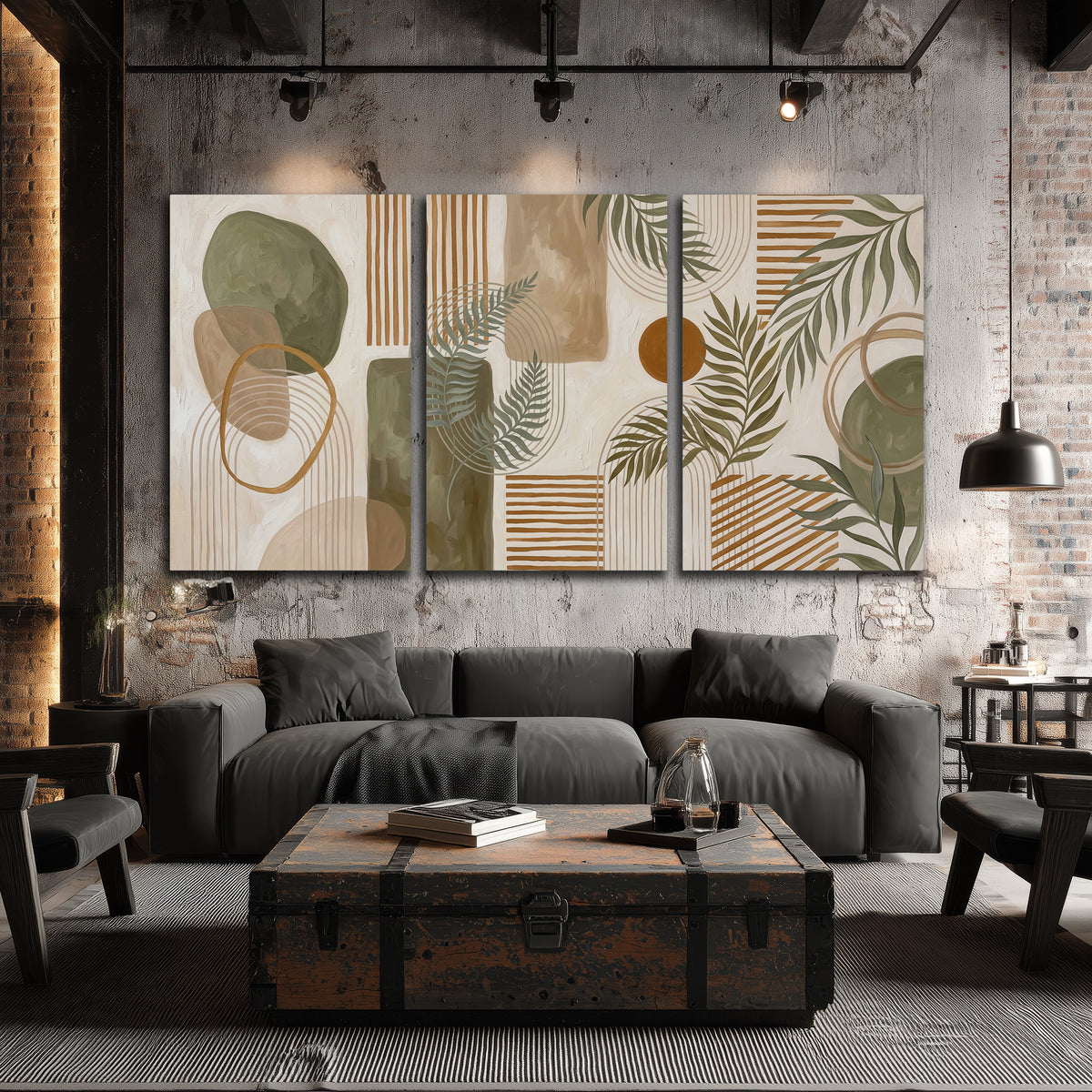 Green botanical leaves layered with ochre and cream geometric forms 3 piece canvas wall art displayed in a industrial room