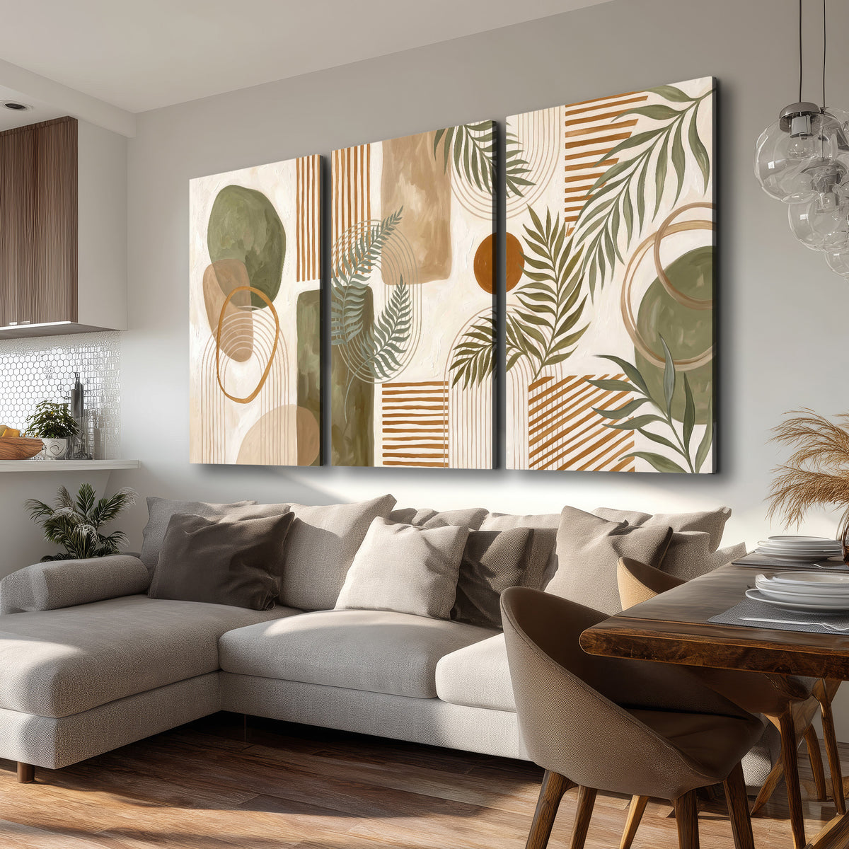 Green botanical leaves layered with ochre and cream geometric forms 3 piece canvas wall art room and product view