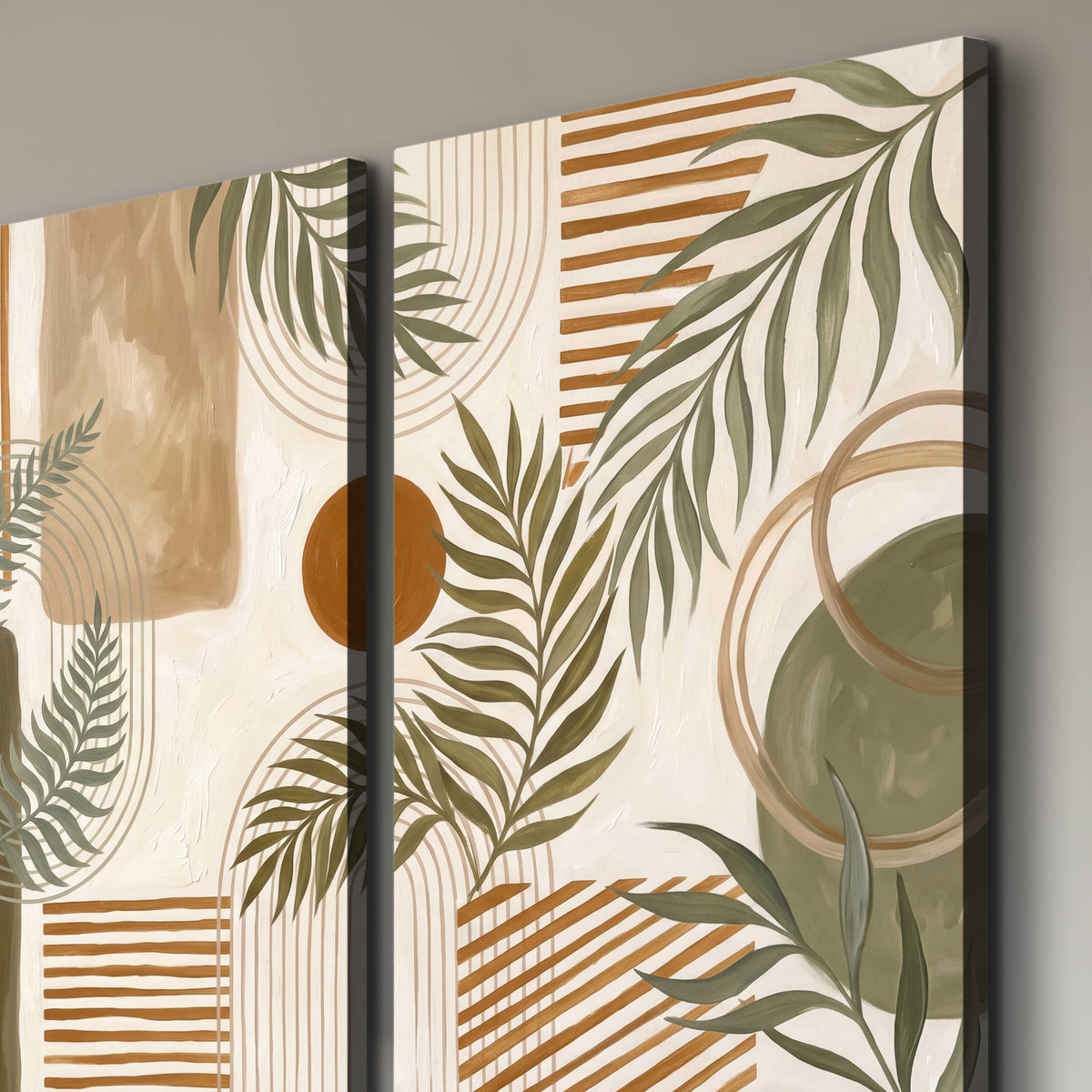 Green botanical leaves layered with ochre and cream geometric forms 3 piece canvas wall art room and product view
