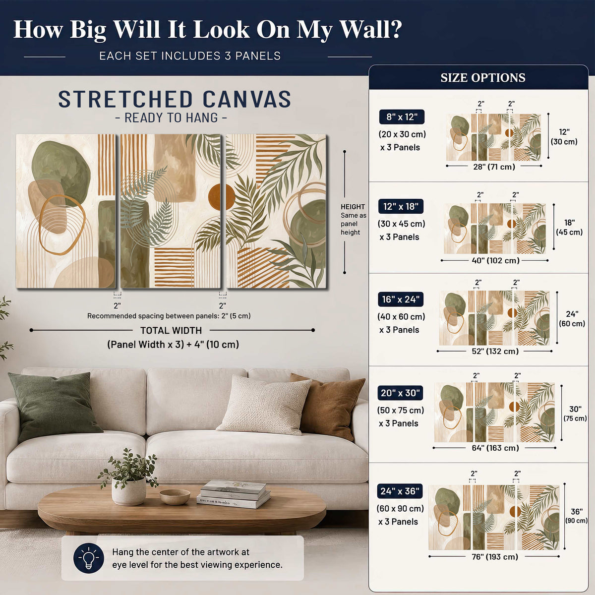 Green botanical leaves layered with ochre and cream geometric forms 3 piece canvas wall art size guide above a sofa; room view is illustrative