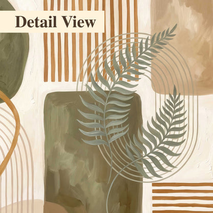 Green botanical leaves layered with ochre and cream geometric forms 3 piece canvas wall art artwork detail close up