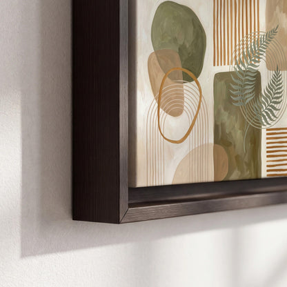 Green botanical leaves layered with ochre and cream geometric forms 3 piece framed canvas wall art material and edge close up