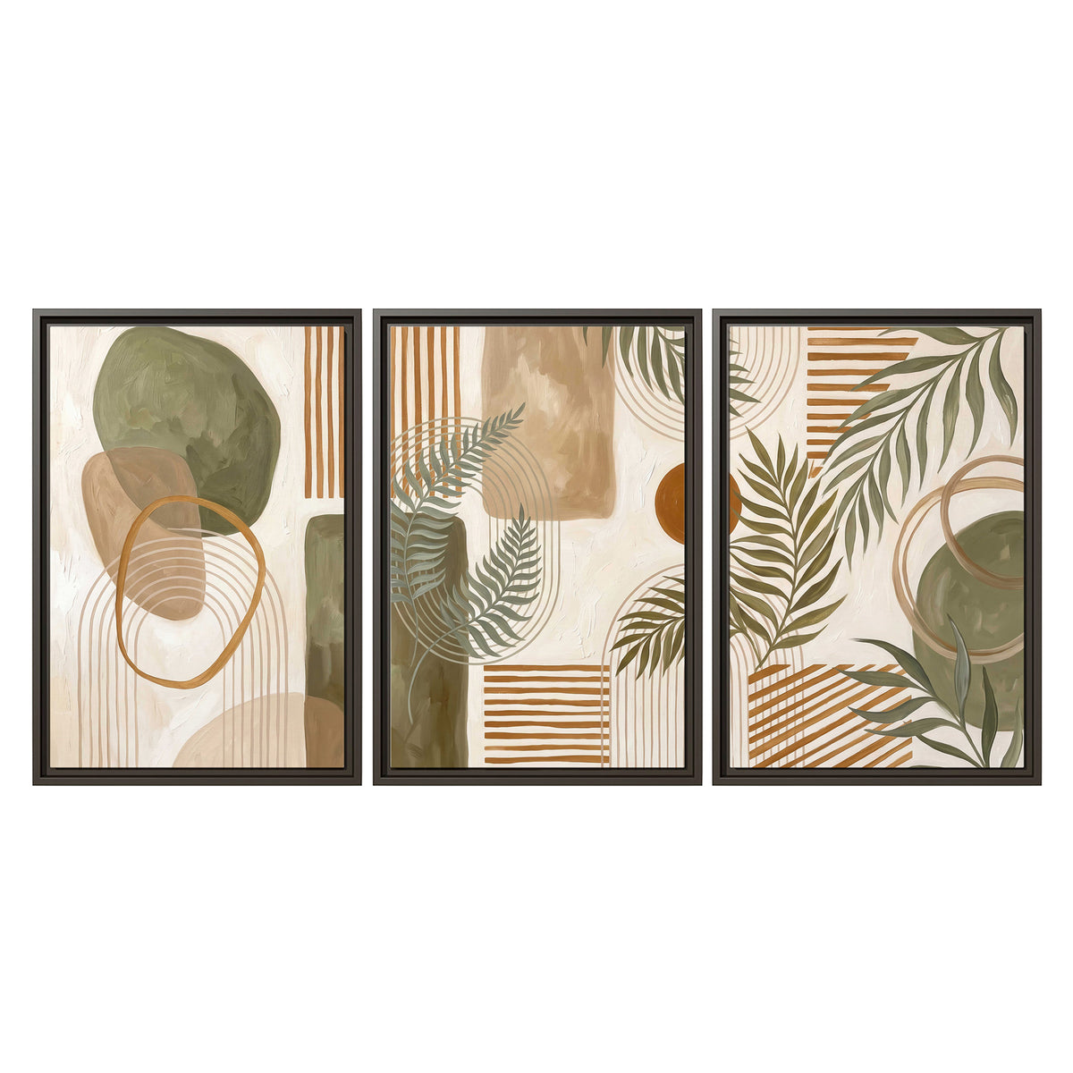 Green botanical leaves layered with ochre and cream geometric forms 3 piece framed canvas wall art viewed straight on
