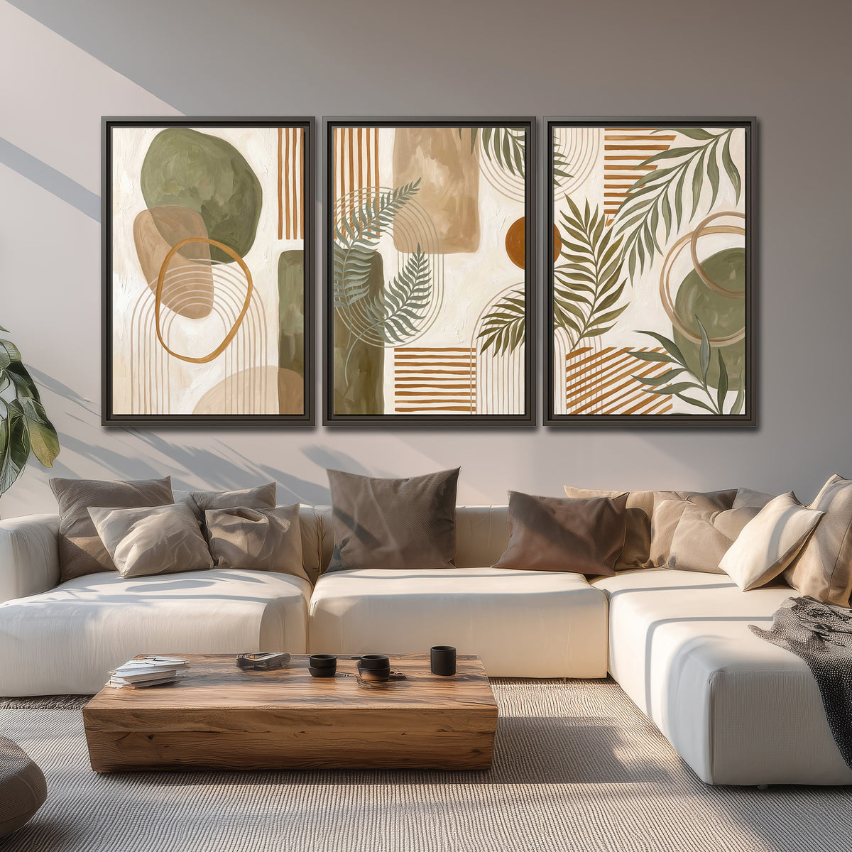 Green botanical leaves layered with ochre and cream geometric forms 3 piece framed canvas wall art displayed in a living room