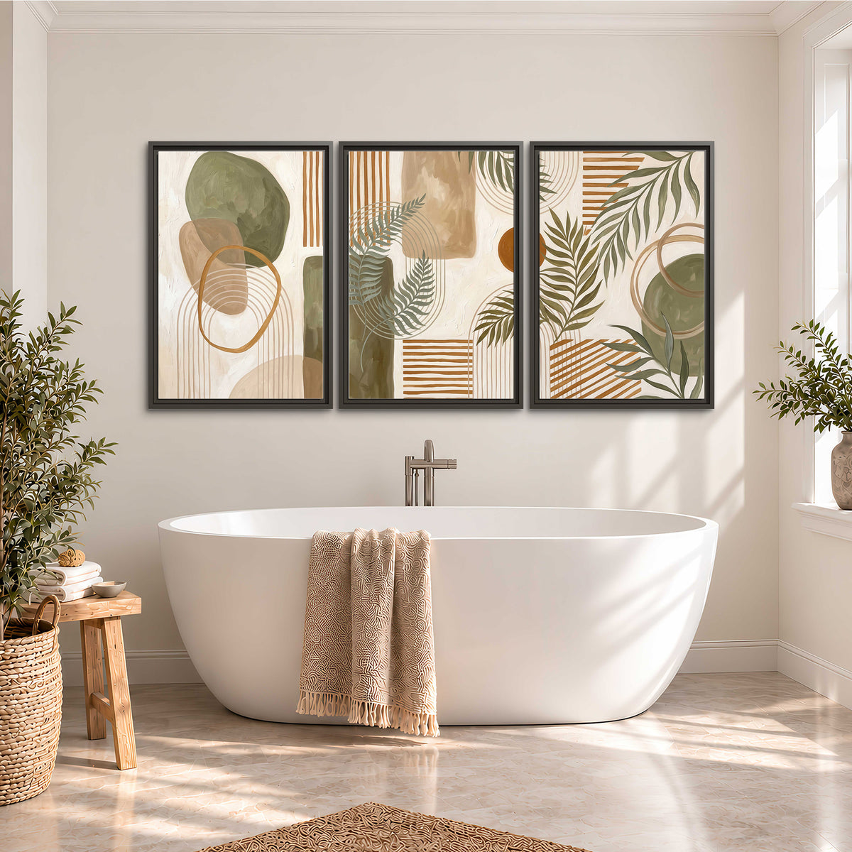 Green botanical leaves layered with ochre and cream geometric forms 3 piece framed canvas wall art styled in an interior