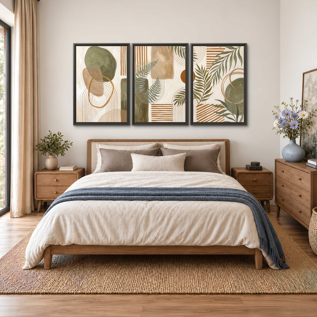 Green botanical leaves layered with ochre and cream geometric forms 3 piece framed canvas wall art styled in an interior