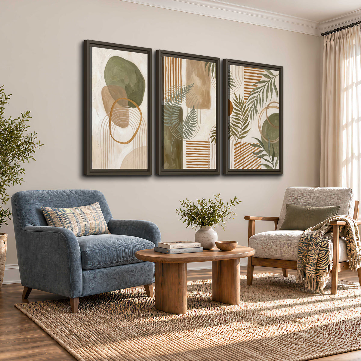 Green botanical leaves layered with ochre and cream geometric forms 3 piece framed canvas wall art styled in an interior