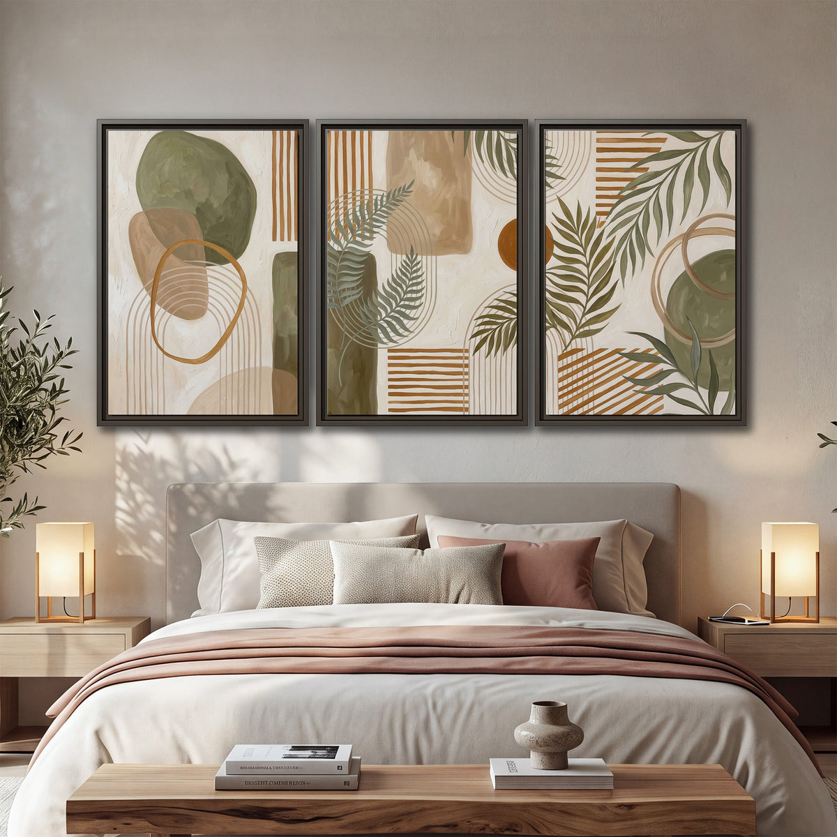 Green botanical leaves layered with ochre and cream geometric forms 3 piece framed canvas wall art displayed in a bedroom