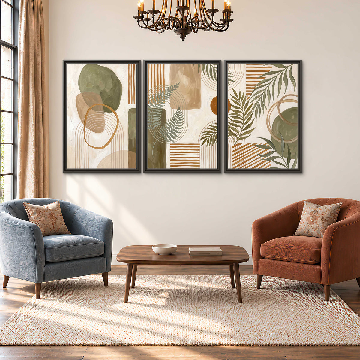 Green botanical leaves layered with ochre and cream geometric forms 3 piece framed canvas wall art styled in an interior
