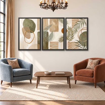 Green botanical leaves layered with ochre and cream geometric forms 3 piece framed canvas wall art styled in an interior