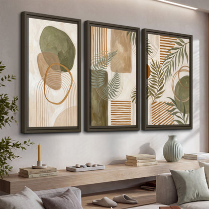 Green botanical leaves layered with ochre and cream geometric forms 3 piece framed canvas wall art displayed in a console