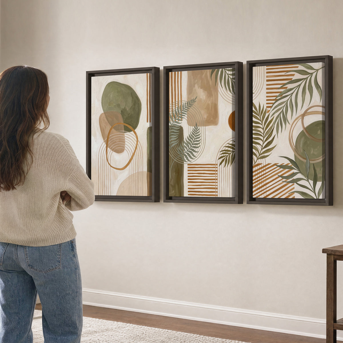 Green botanical leaves layered with ochre and cream geometric forms 3 piece framed canvas wall art three panel arrangement on a wall