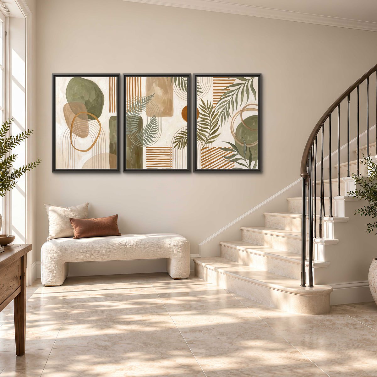 Green botanical leaves layered with ochre and cream geometric forms 3 piece framed canvas wall art styled in an interior