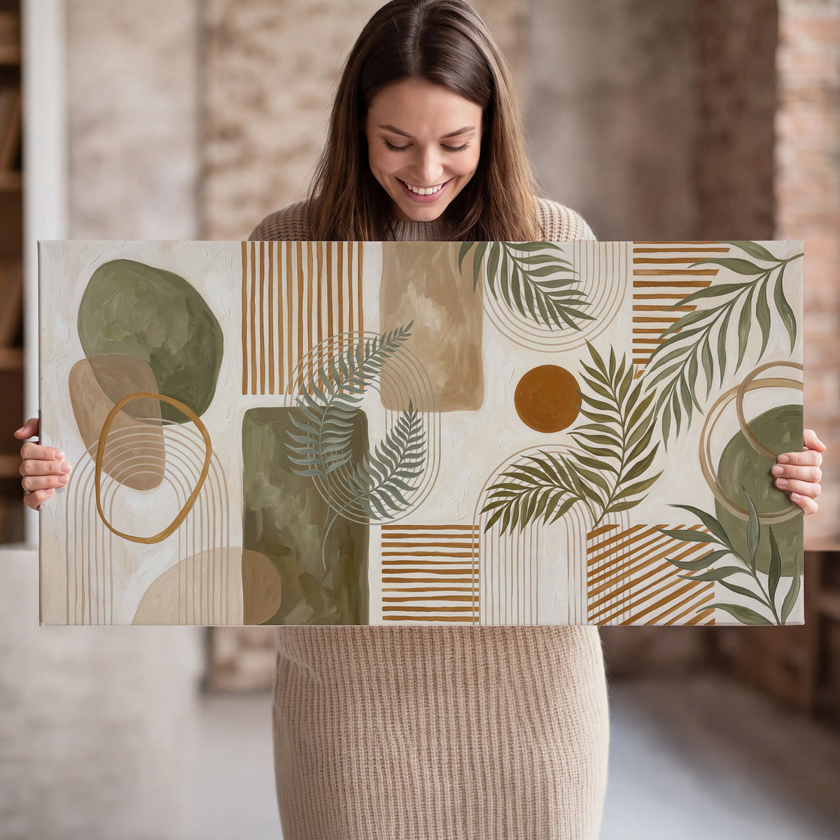 Green botanical leaves layered with ochre and cream geometric forms single canvas wall art held in hands