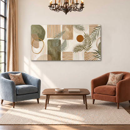 Green botanical leaves layered with ochre and cream geometric forms single canvas wall art styled in an interior