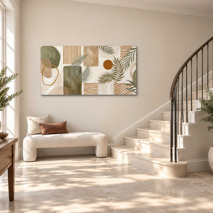 Green botanical leaves layered with ochre and cream geometric forms single canvas wall art styled in an interior
