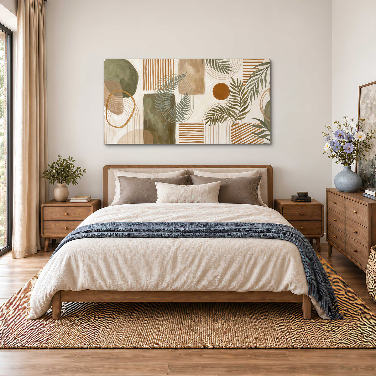 Green botanical leaves layered with ochre and cream geometric forms single canvas wall art styled in an interior