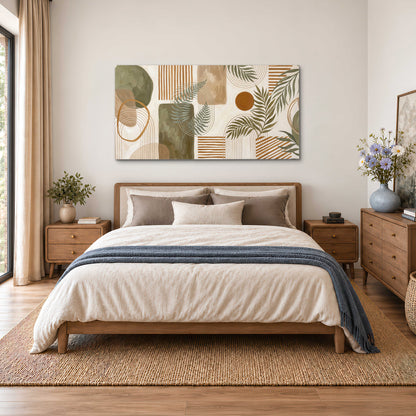 Green botanical leaves layered with ochre and cream geometric forms single canvas wall art styled in an interior