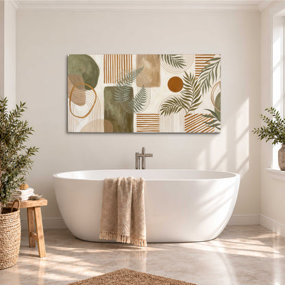 Green botanical leaves layered with ochre and cream geometric forms single canvas wall art styled in an interior