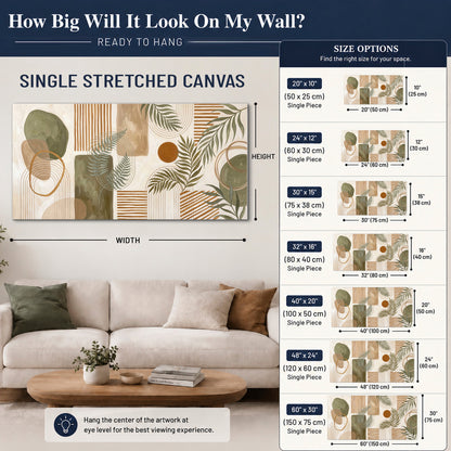 Green botanical leaves layered with ochre and cream geometric forms single canvas wall art size guide above a sofa; room view is illustrative