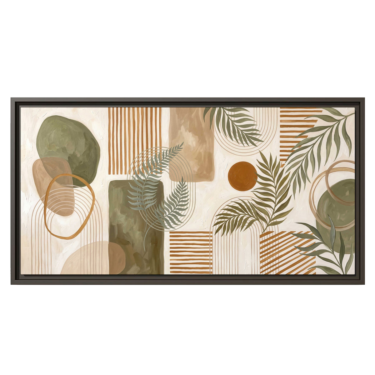 Green botanical leaves layered with ochre and cream geometric forms single framed canvas wall art viewed straight on