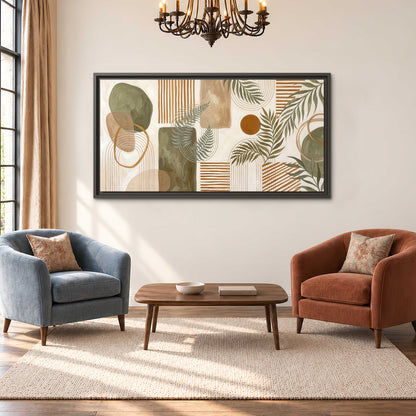 Green botanical leaves layered with ochre and cream geometric forms single framed canvas wall art styled in an interior