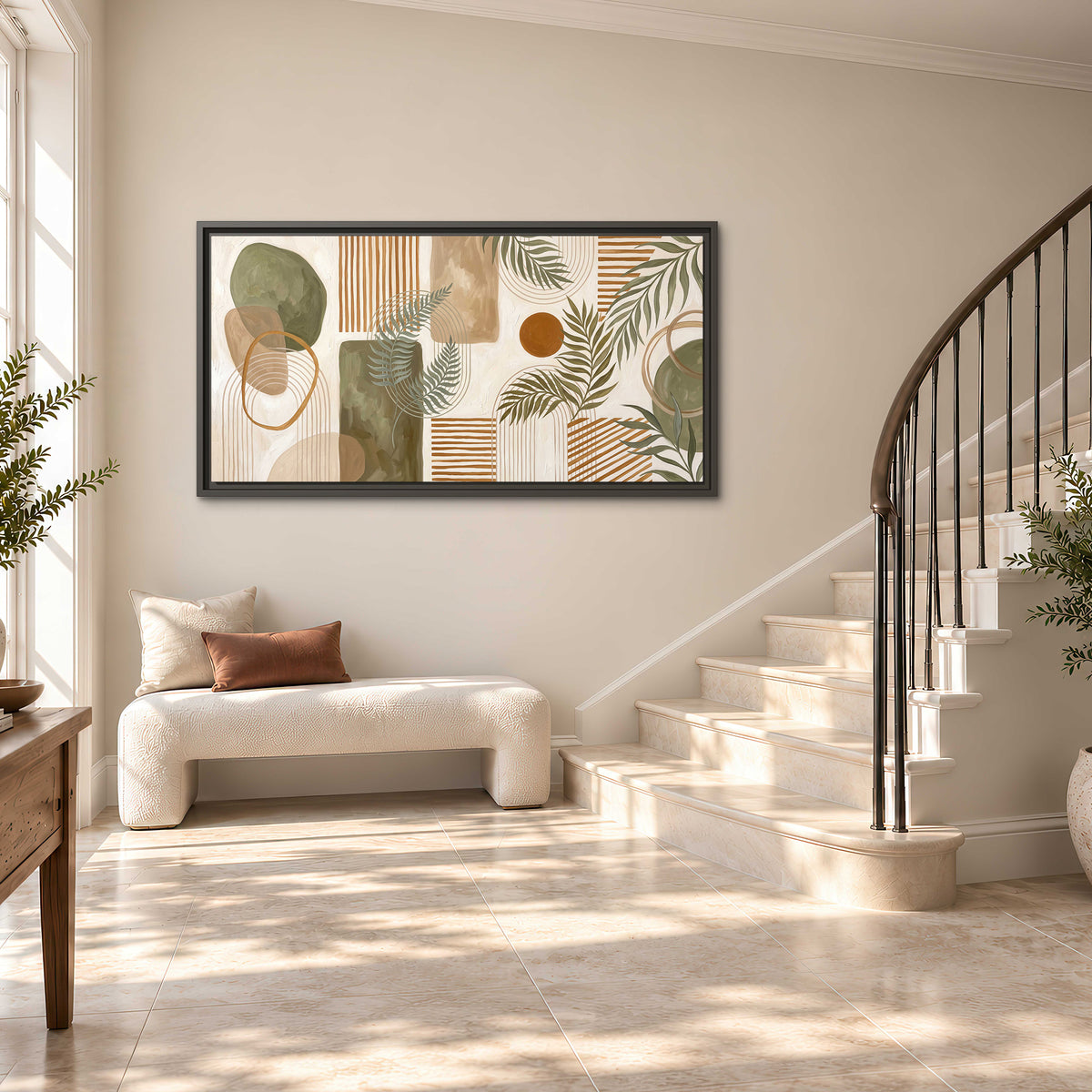 Green botanical leaves layered with ochre and cream geometric forms single framed canvas wall art styled in an interior