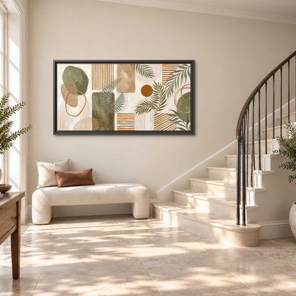 Green botanical leaves layered with ochre and cream geometric forms single framed canvas wall art styled in an interior