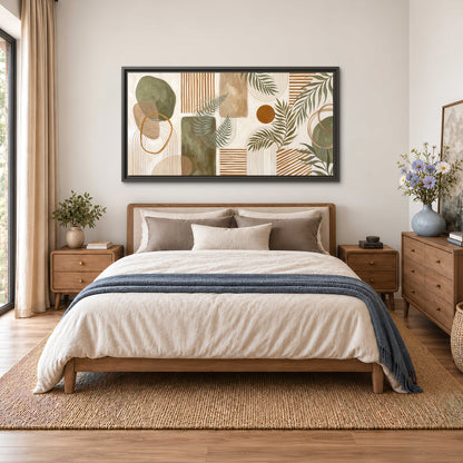 Green botanical leaves layered with ochre and cream geometric forms single framed canvas wall art styled in an interior