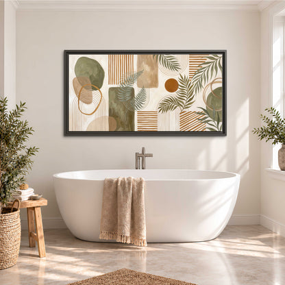 Green botanical leaves layered with ochre and cream geometric forms single framed canvas wall art styled in an interior