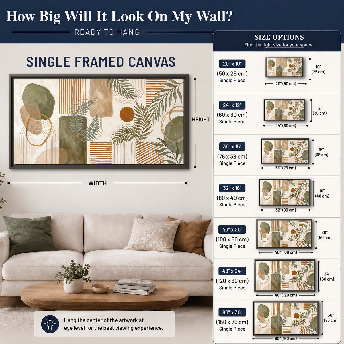 Green botanical leaves layered with ochre and cream geometric forms single framed canvas wall art size guide above a sofa; room view is illustrative
