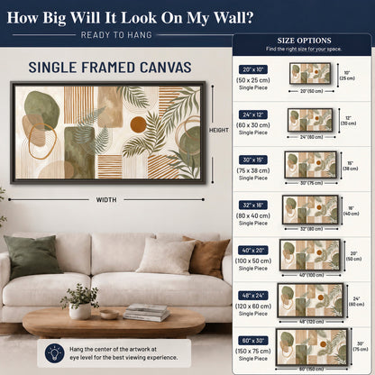Green botanical leaves layered with ochre and cream geometric forms single framed canvas wall art size guide above a sofa; room view is illustrative