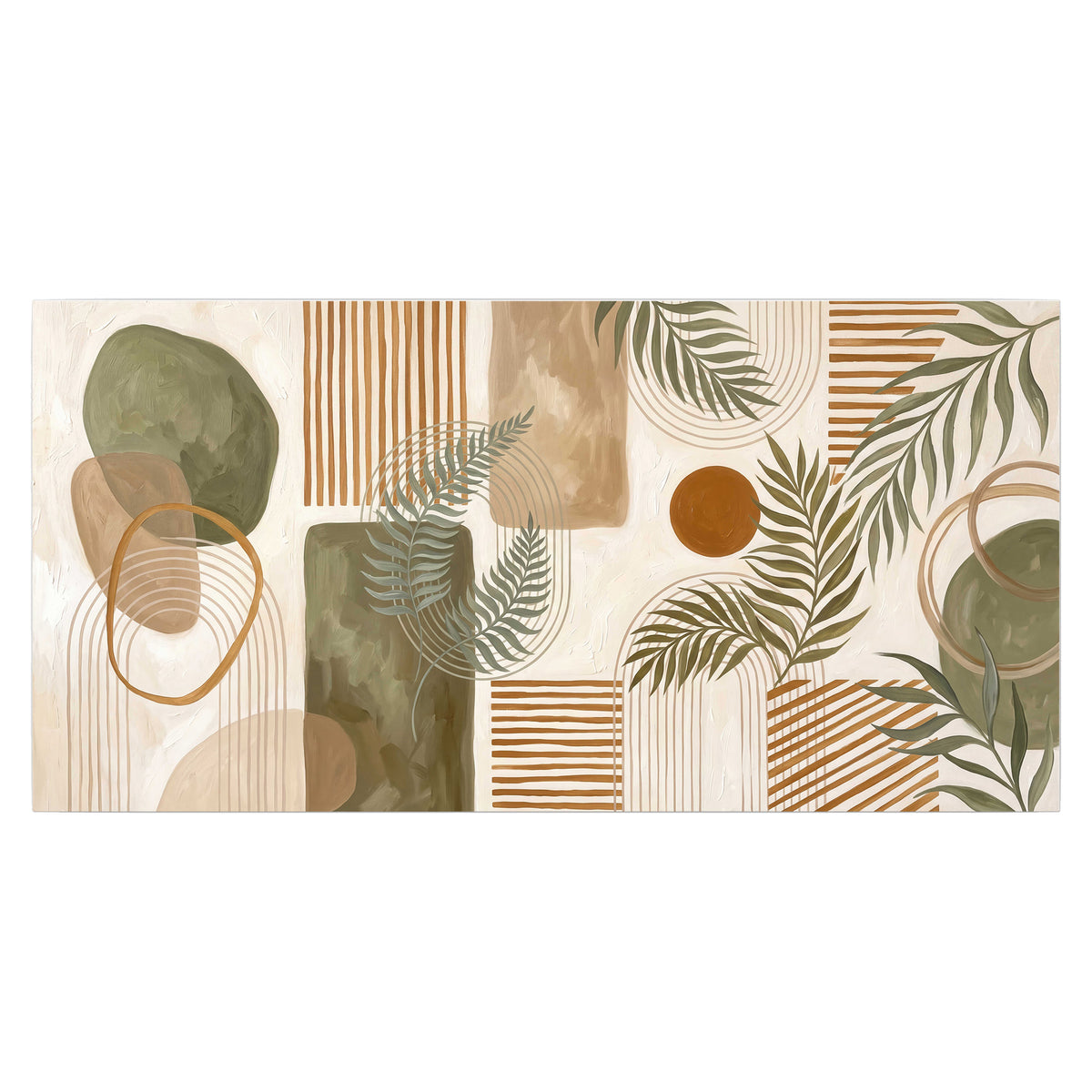 Green botanical leaves layered with ochre and cream geometric forms single poster print viewed straight on