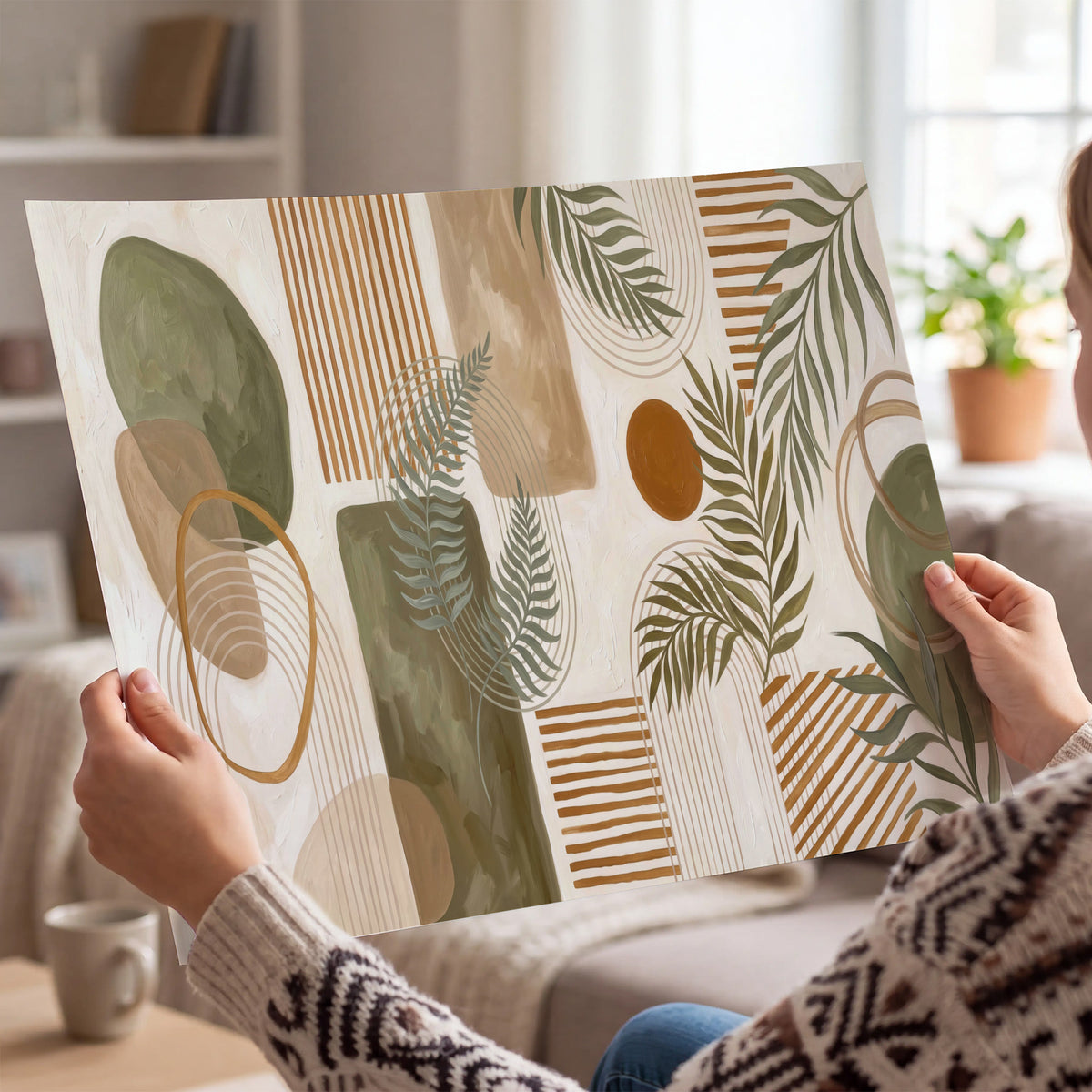 Green botanical leaves layered with ochre and cream geometric forms single poster print held in hands